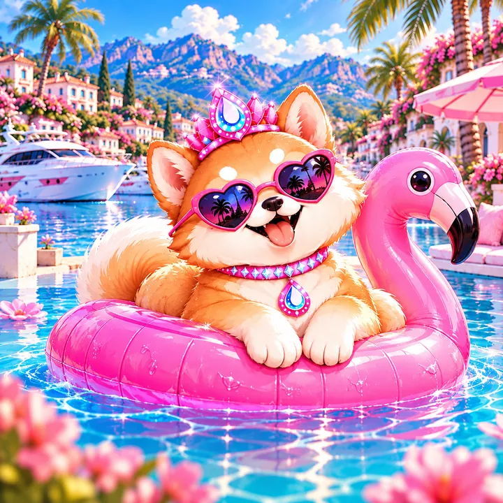 Malibu Inu in heart-shaped sunglasses, lounging on a pink flamingo float in a sunny harbor