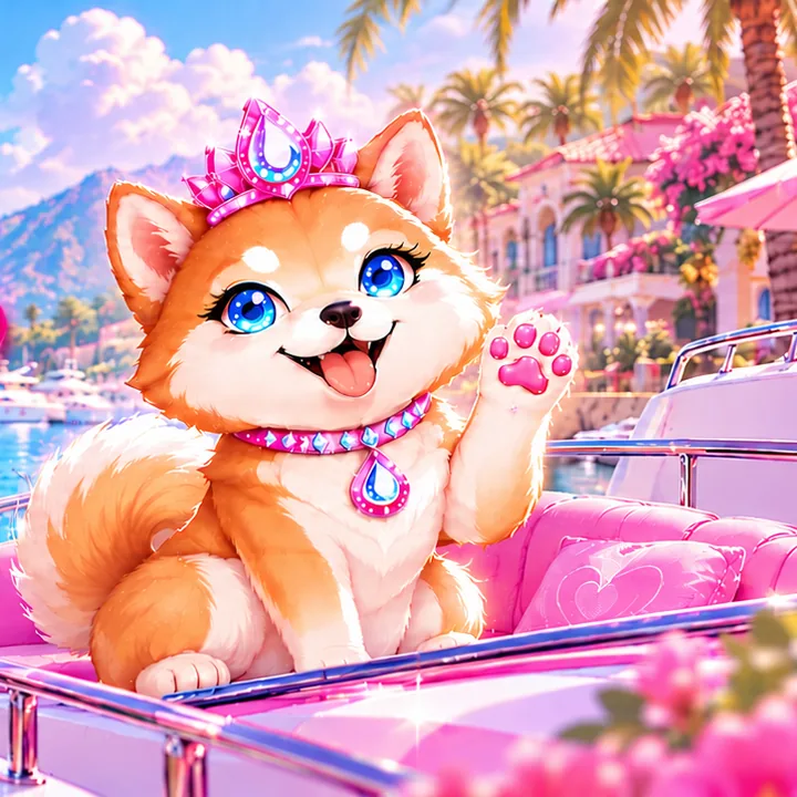 Malibu Inu, a golden Shiba Inu with big blue eyes, a pink jeweled crown and a pink collar with a teardrop pendant, waving from a pink boat in a sunny harbor
