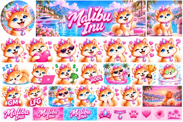 Malibu Inu sticker sheet with more than twenty poses, the logo and icons
