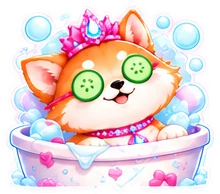 Malibu Inu in a bubble bath with cucumber slices on her eyes
